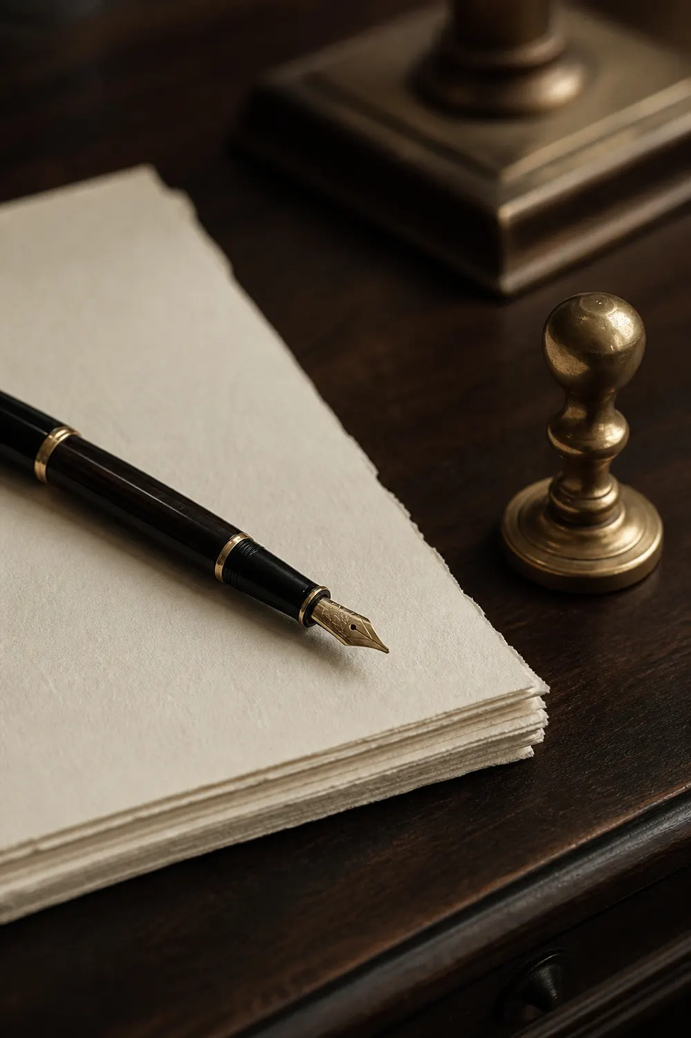 Stift auf einer unterschriftsreifen Vertragsurkunde in einem Notariat
