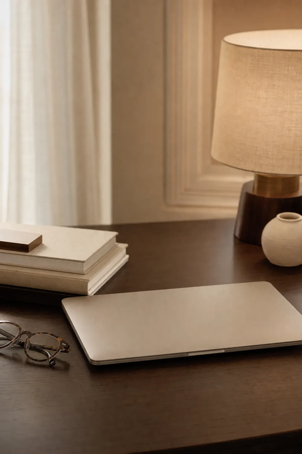 Modernes Büro mit Schreibtisch, Laptop und Unterlagen als Symbol für unternehmerisches Vermögen